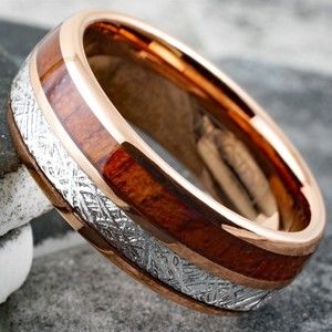 8mm Rose Gold Plated Tungsten Wood & Meteorite Men's Wedding Band Ring SZ. 10